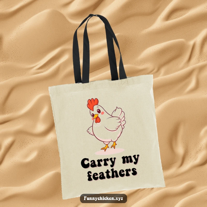 Funny Kawaii chicken tote bag, depicting a giggling chicken spinning with its tail feathers spread wide.