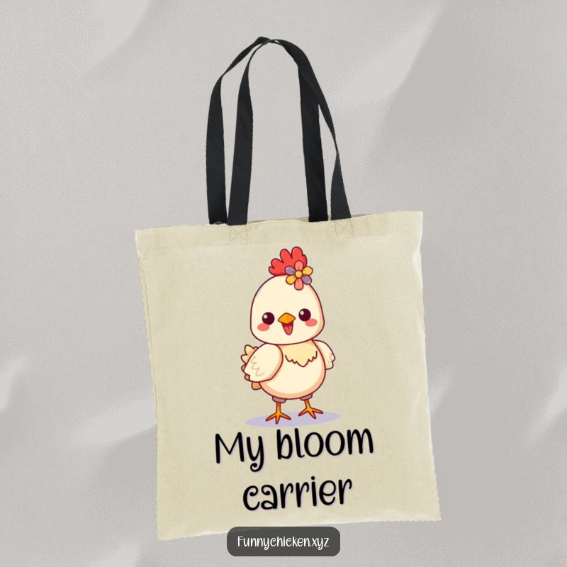 Funny Kawaii chicken tote bag, featuring a proud chicken strutting with a bright flower in its crest, exuding delight.