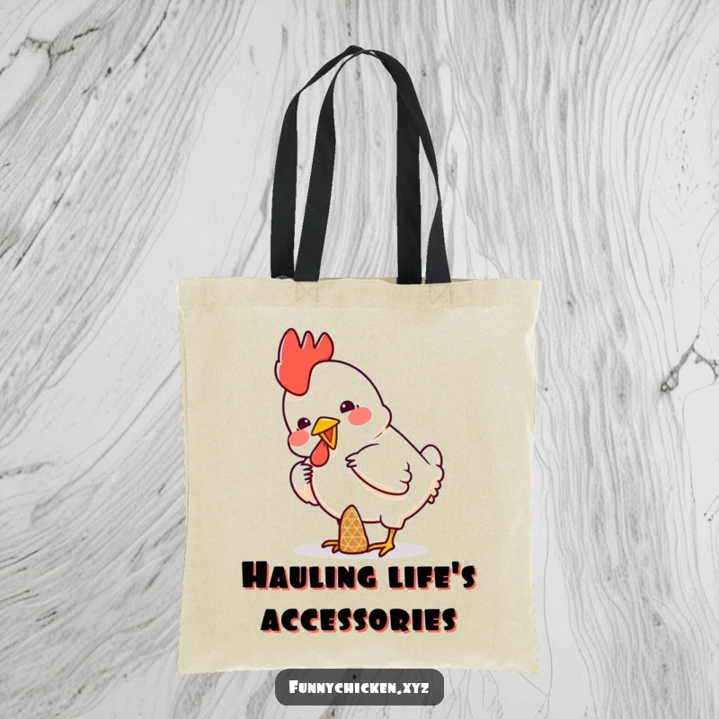 Funny tote bag featuring a chicken hilariously attempting to balance a tiny cone on its head, perfect for carrying essentials.